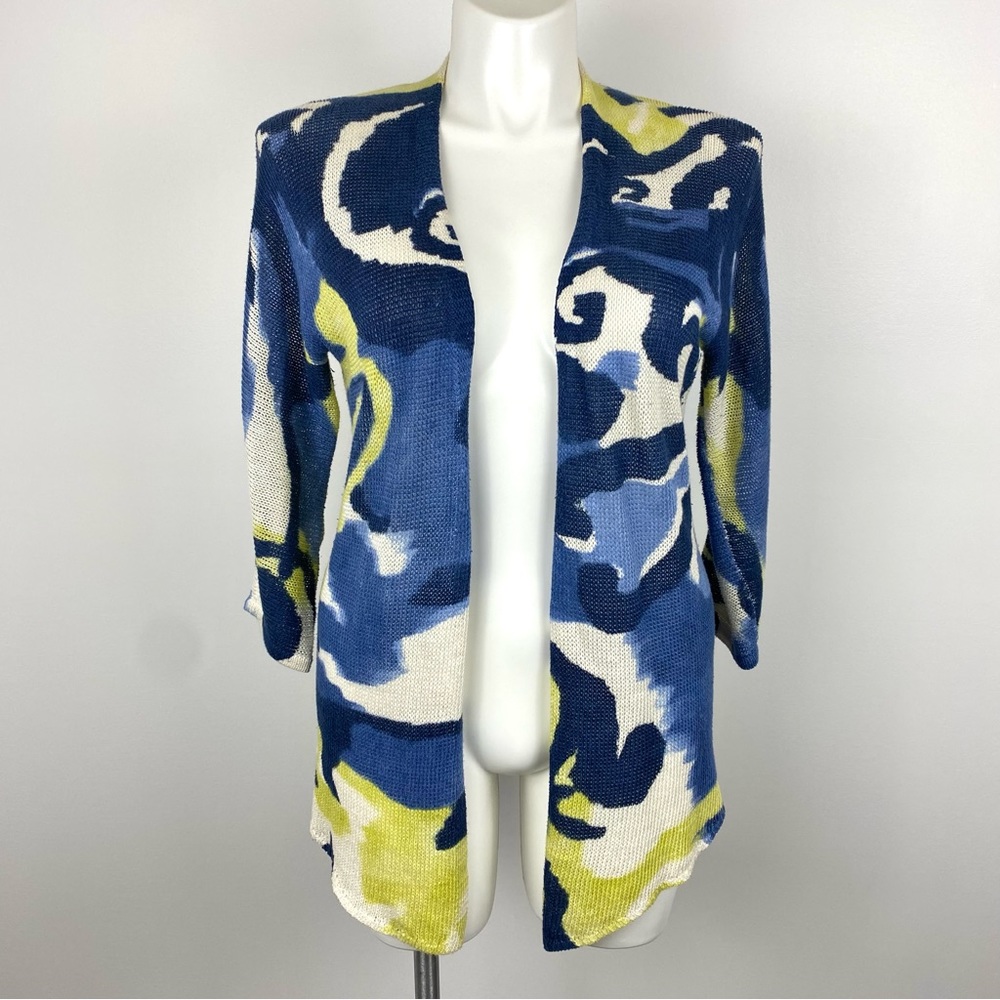 Chico’s Julia Abstract Swirls Cardigan Sweater Blue, Yellow & White M